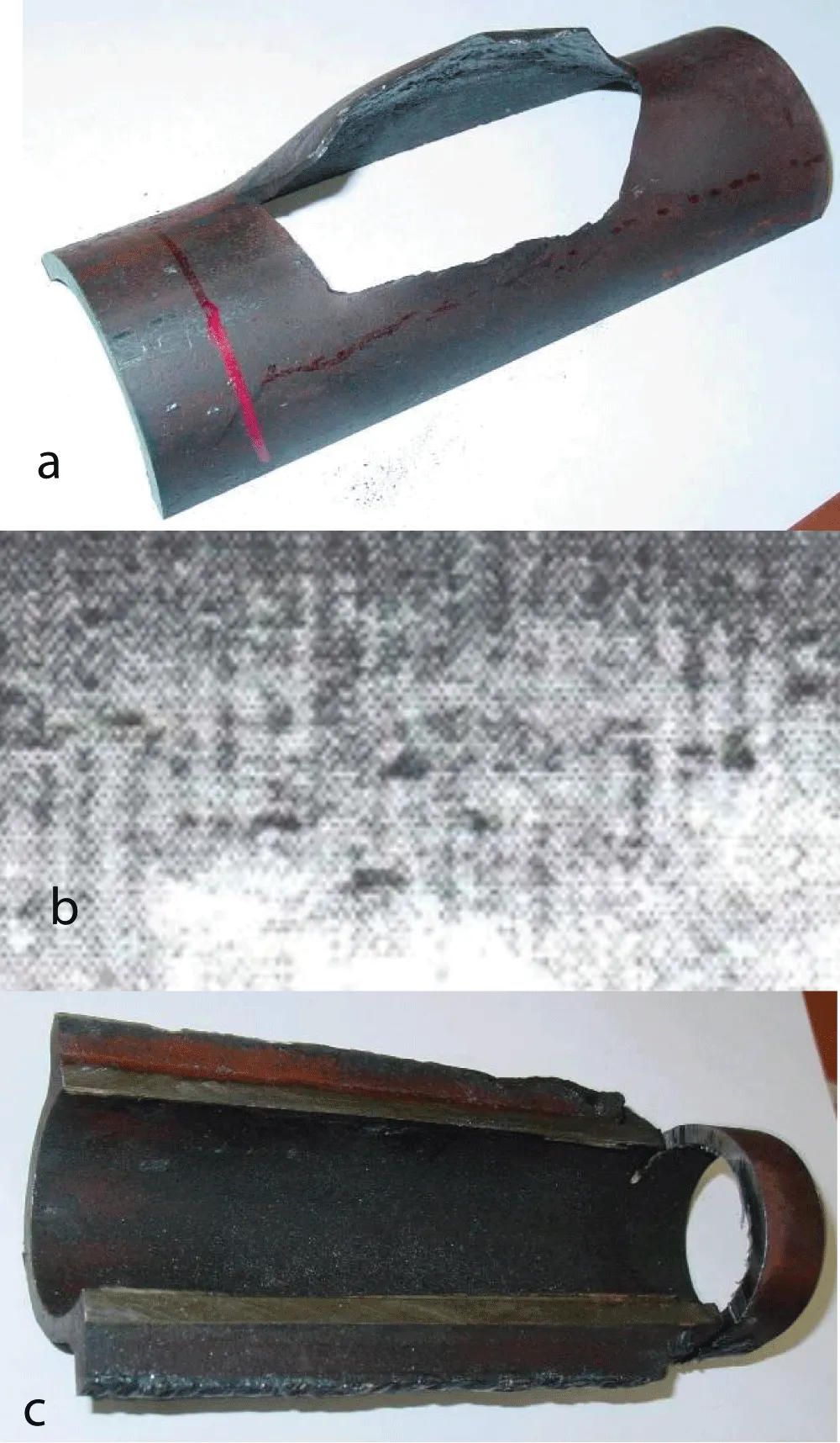 Photograph of a damaged tube. Here, a) Fire half of the tube; b) Internal surface of the fire half of the tube; c) Internal surface of the back half of the tube.