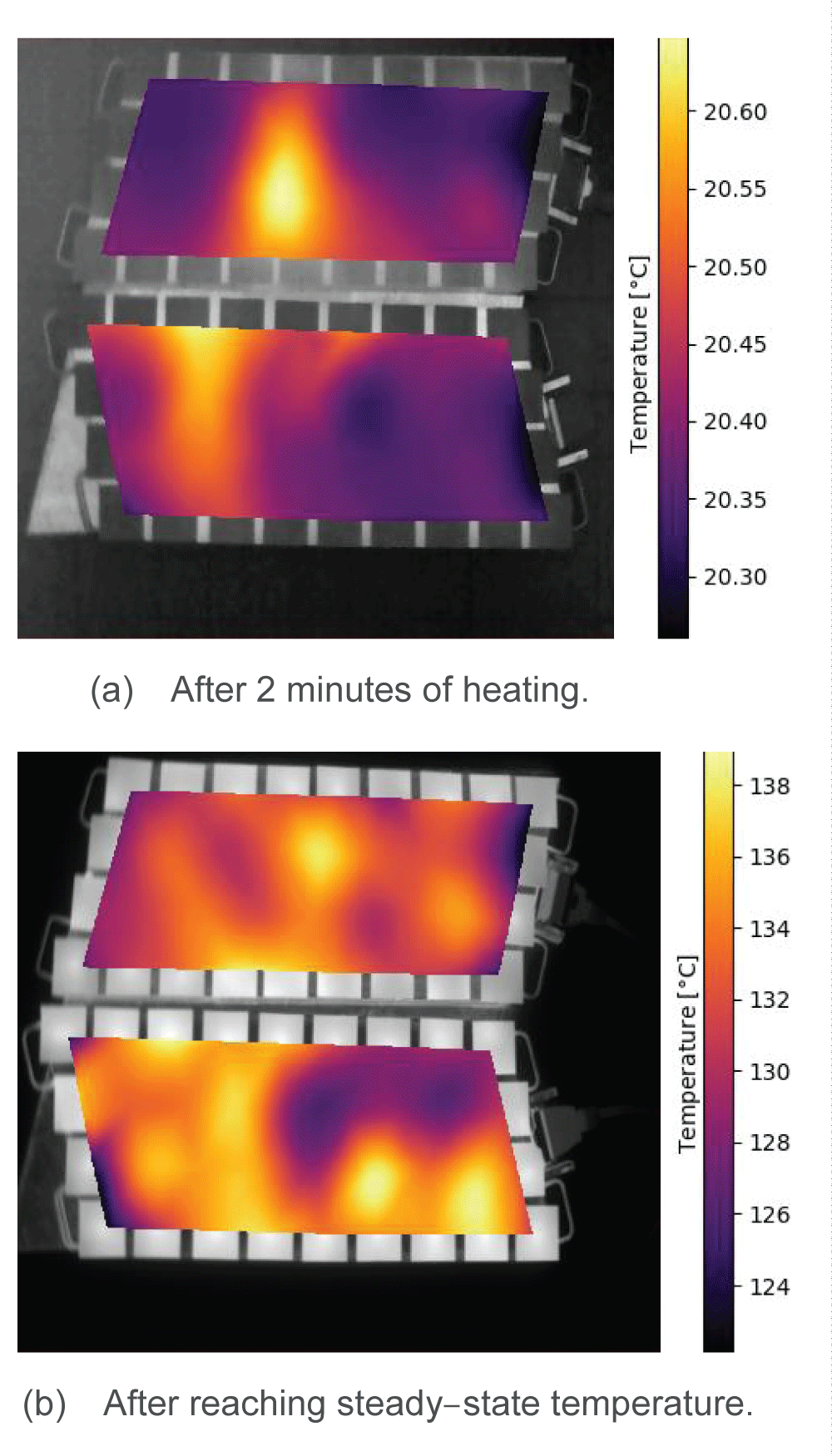 Example of thermal visualization of heating plate surfaces at the start of heating and approximately 50 minutes later.