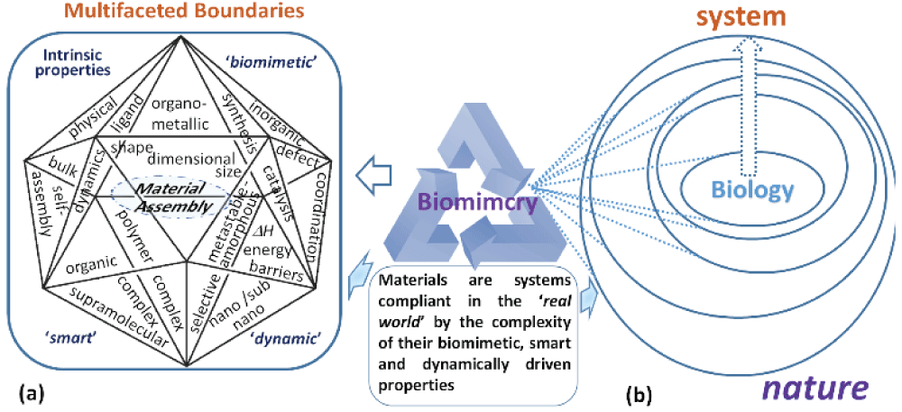 (a) the envisioned chemistry subsystem applicable to materials assembly showing the boundaries between the different chemical factors that may be important to material creation. (b) Material design properties imitate biological properties via biomimicry. The depth of interaction at the boundaries is a measure of its dynamic nature of the system and the extent to which biomimicry is emulated during the assembly of material(s) within a system.