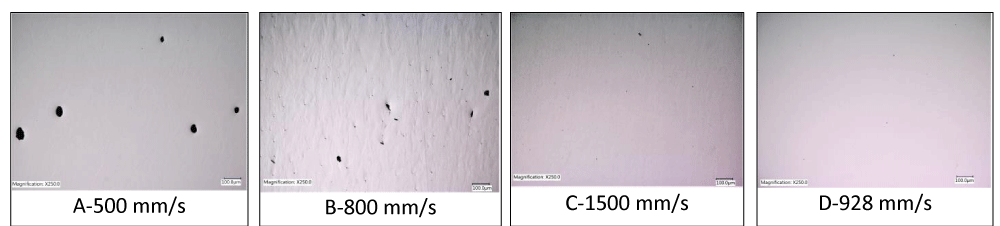 Representative micrographs of AM samples at varying at laser speeds.