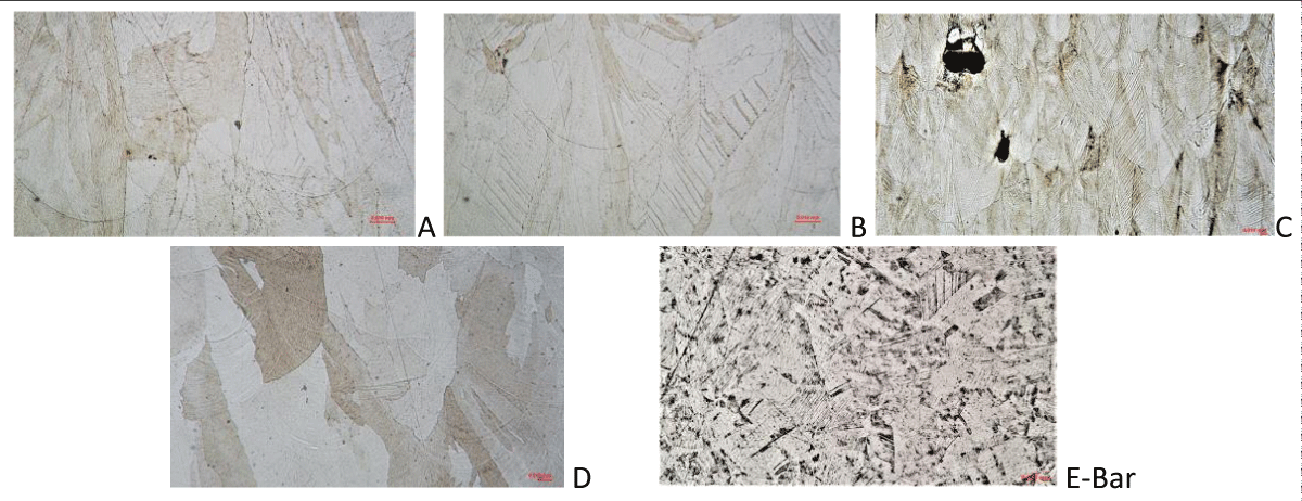 Optical micrographs of samples showing various defects at different speed and hatch spacing, in etched condition, and wrought bar in as received condition “E”.
