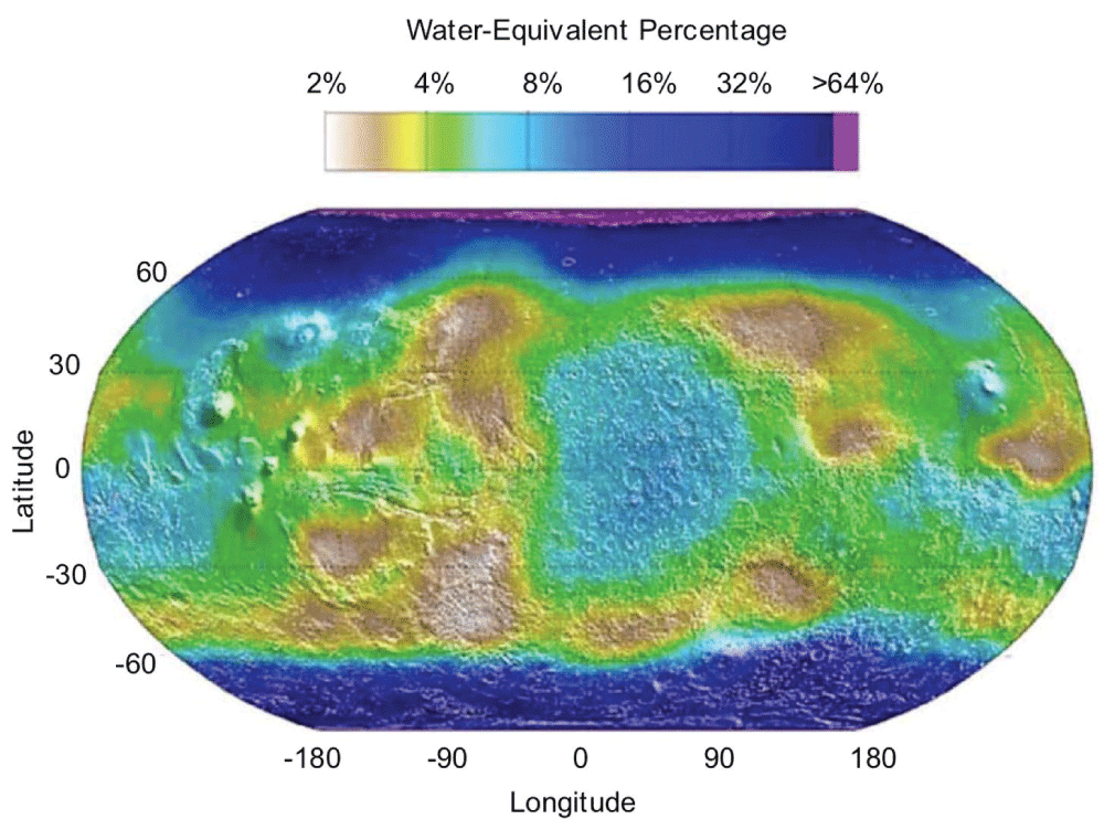 Global variation of water content in upper ~ 1 m of Mars based on a uniform regolith model (no layers) using epi-thermal neutron data. Adapted from Figure 4 of Feldman, et al. 2004 [<span class=