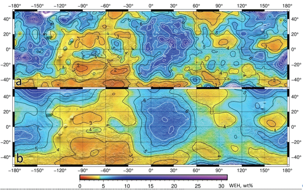 Water equivalent hydrogen maps, measured by collimated FREND/DSEN. (a) Upper map is collimated for maximum resolution (200 km). (b) Lower map is omni directional (550 km). Black and white isolines correspond to WEH values. Adapted from Figure 2 of Malakahov, et al. [<span class=
