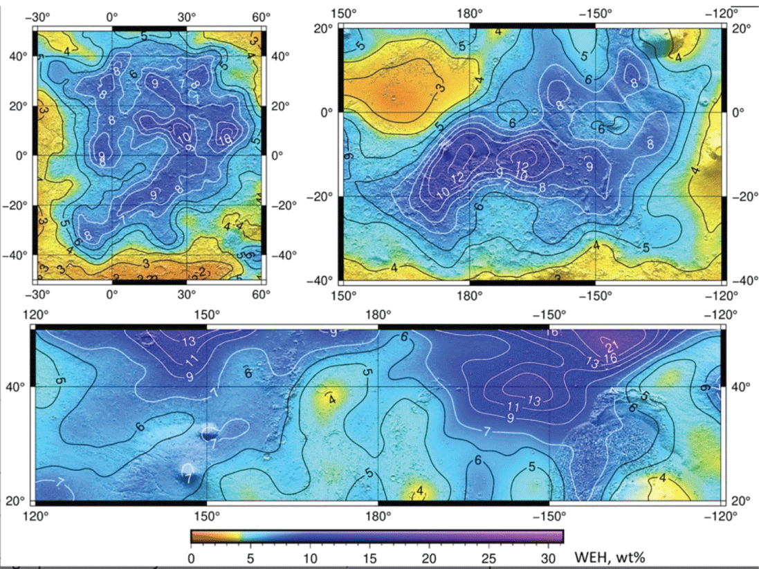 Enhanced segments of the global map shown in Figure 7, showing details of three areas with most water content: Arabia Terra (top left), Medusa Fossae (top right) and Arcadia Planitia (bottom). Adapted from Figure 3 of Malakahov, et al. [<span class=
