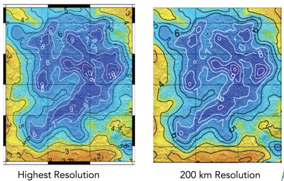 Comparison of the Arabia Terra segment of the WEH map at highest resolution to map at 200 km resolution. The small areas with WEH = 10% increase in size. Adapted from Figures 2 and 3 of Malakahov, et al. [<span class=