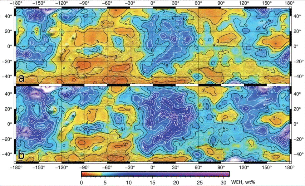Minimum (a) and maximum (b) Water Equivalent Hydrogen (WEH) maps accompany the mean WEH map on Figure 8 and show the range of possible values, considering the measurements uncertainties with +σ and -σ. Adapted from Figure 5 of Malakahov, et al. [<span class=