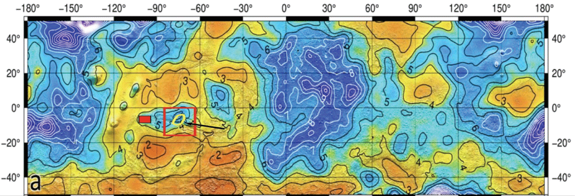 Water equivalent hydrogen map, measured by collimated FREND/DSEN – collimated for maximum resolution (200 km). The small area studied by Mitrofanov, et al. [<span class=