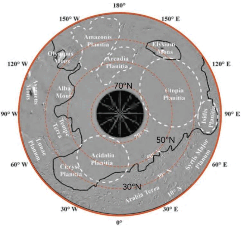 Water equivalent hydrogen map, measured by collimated FREND/DSEN – collimated for maximum resolution (200 km). The small area studied by Mitrofanov, et al. [<span class=