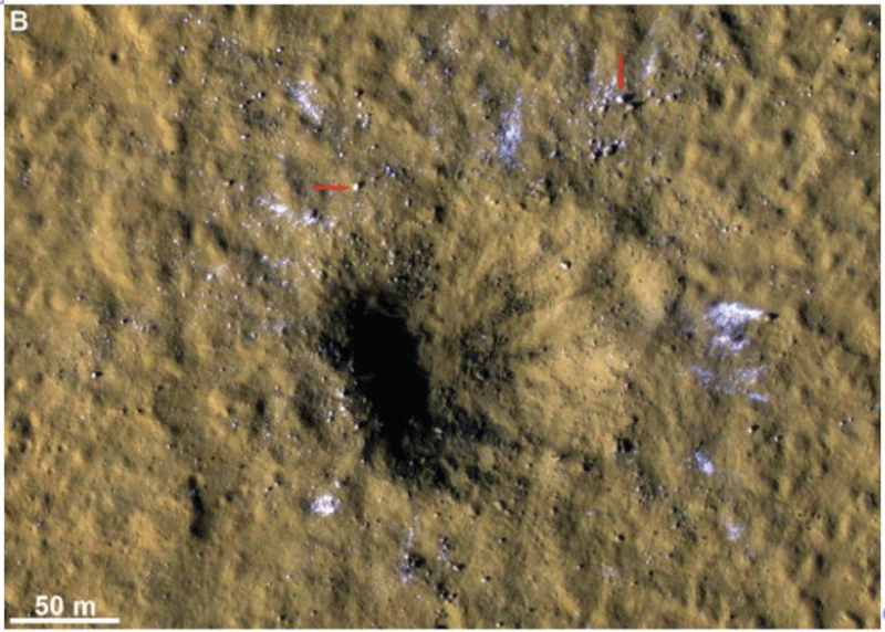 Large crater at 35.1°N, 189.8°E consistent with water ice in the ejecta. Adapted from Figure 1 of Dundas, et al. [<span class=
