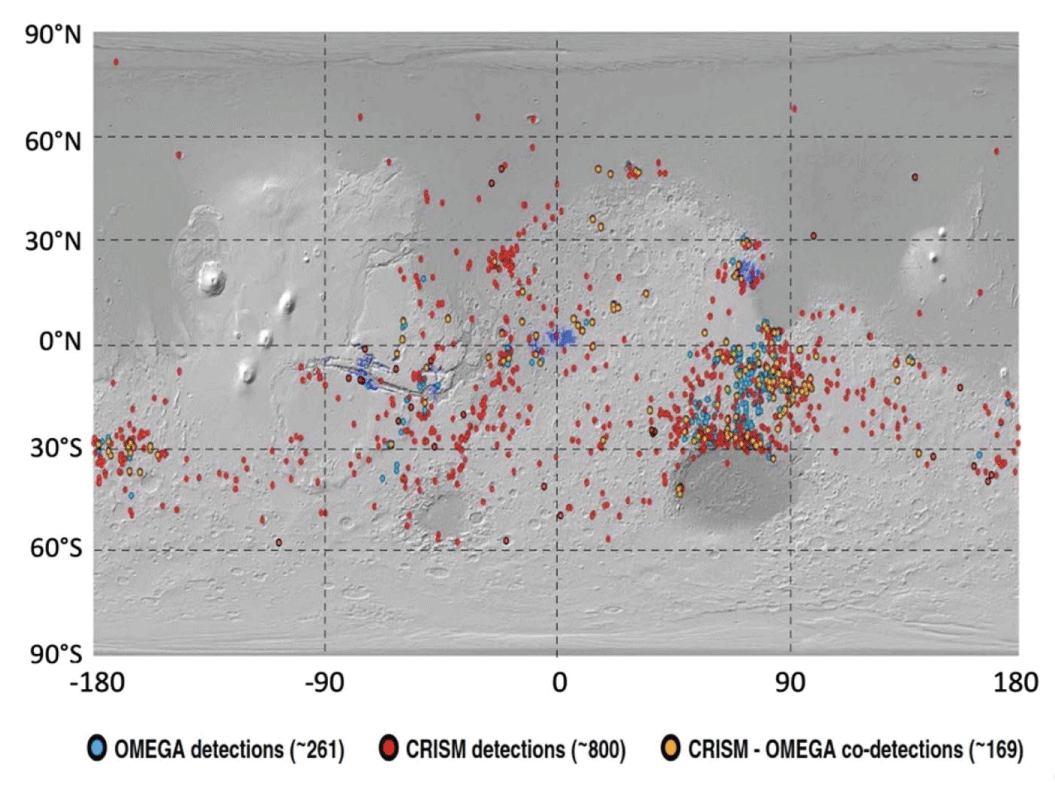 Global map of hydrous mineral detections on Mars. Each dot indicates the position of a hydrous mineral exposure detected either by CRISM (red), OMEGA (blue) or jointly by both instruments (orange). Only one exposure is counted per CRISM observation regardless of the number of different hydrous mineral species found. Adapted from Figure 1 of Carter, et al. [<span class=