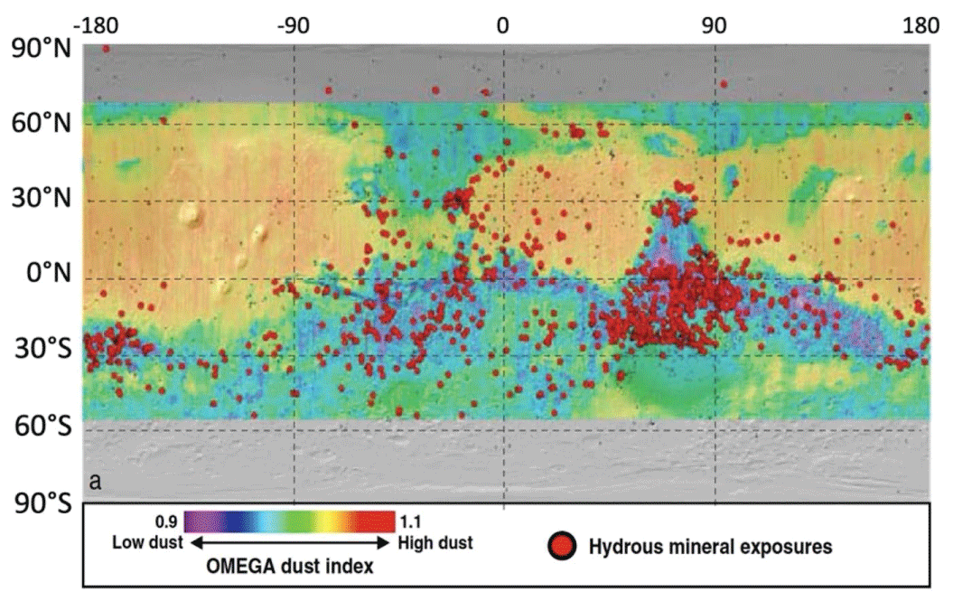 Comparison of hydrous mineral exposures to very dusty regions (yellow to orange). . Adapted from Figure 4 of Carter, et al. [<span class=