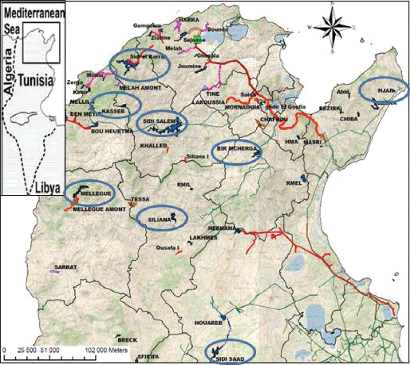 Geographical map of the main dam reservoirs in Tunisia, highlighting the eight study sites.