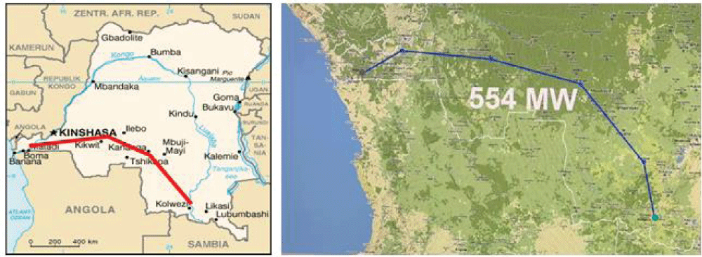 Inga&ndash;Kolwezi HVDC scheme and route context reproduced from the supplied study.