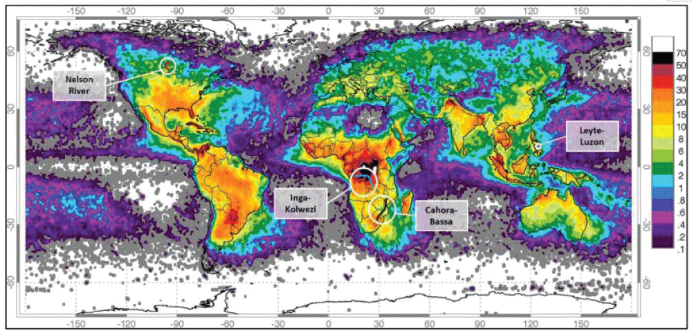 Global lightning flash-density context and locations of selected HVDC schemes reproduced from the supplied study.