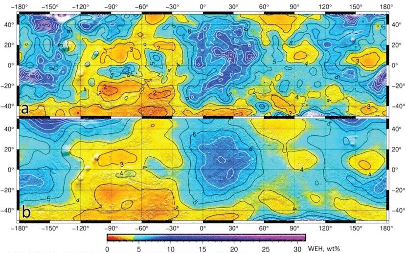 Water equivalent hydrogen maps, measured by collimated FREND/DSEN. (a) Upper map is collimated for maximum resolution (200 km). (b) Lower map is omnidirectional (550 km). Black and white isolines correspond to WEH values. Adapted from Figure 2 of Malakahov et al. (2022) [<span class=