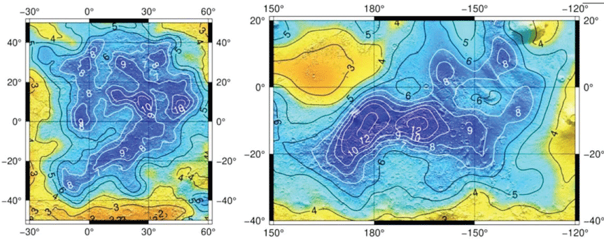 Enhanced segments of the global map shown in Figure 4, showing details of two areas with the most water content: Arabia Terra (top left), Medusa Fossae (top right). Adapted from Figure 3 of Malakahov et al. (2022) [<span class=