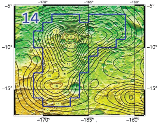 Close-up chart of the highest-resolution view of a local area on Mars with unusually high WEH. The contour lines are lines of constant WEH [<span class=