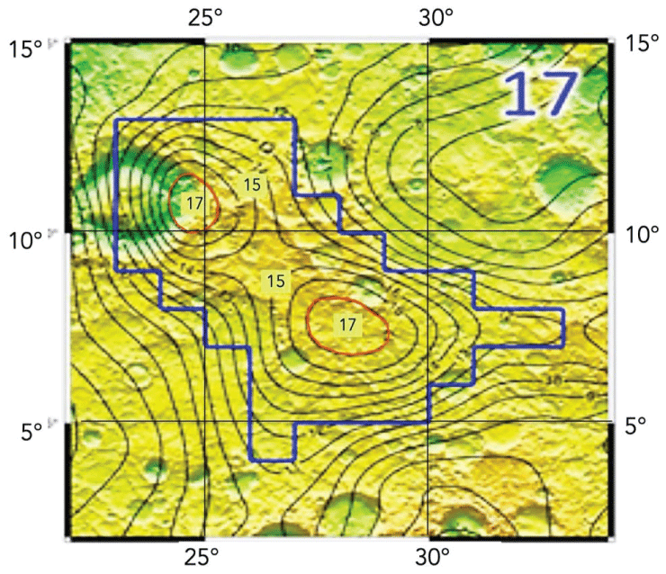 Close-up chart of the highest-resolution view of a local area on Mars with unusually high WEH. The contour lines are lines of constant WEH [<span class=